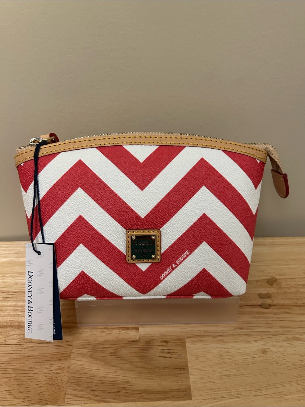 Dooney & Bourke Red and White Chevron Pouch with Tan Trim